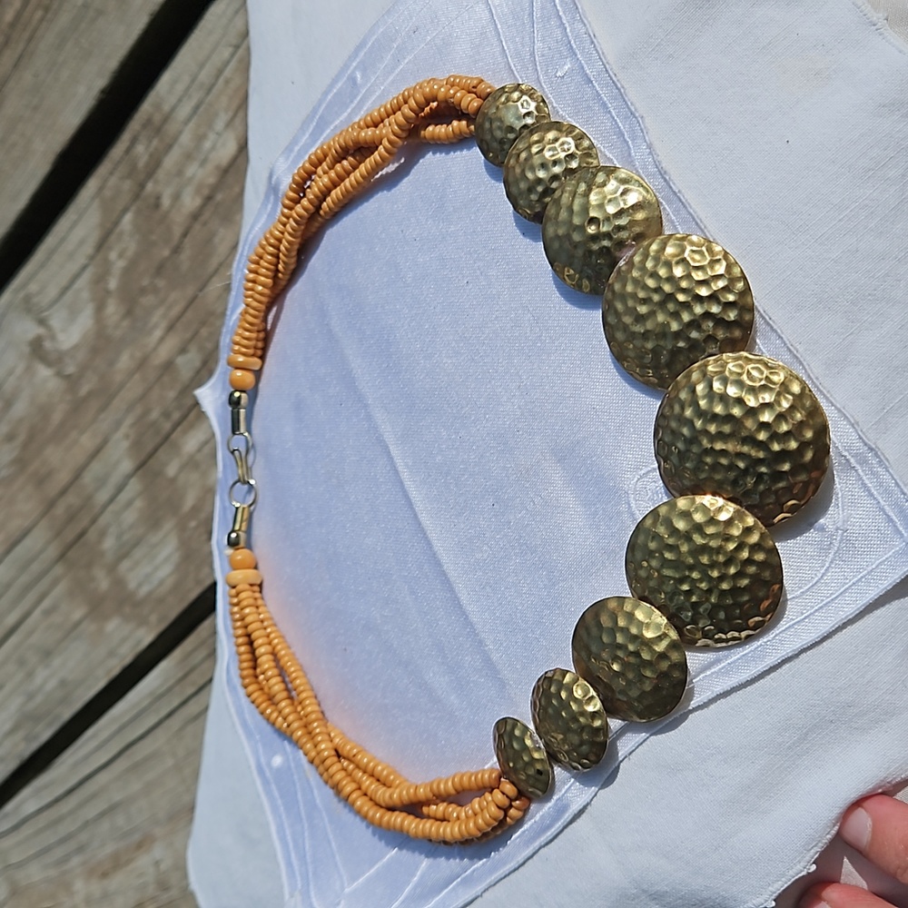 Vintage Celluloid Beaded Multi-strand into Brass Circles necklace #135 - Picture 1 of 9
